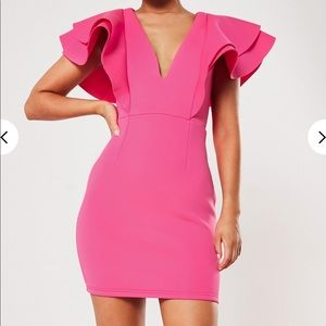 Pink Ruffle V Neck Scuba Mini Dress